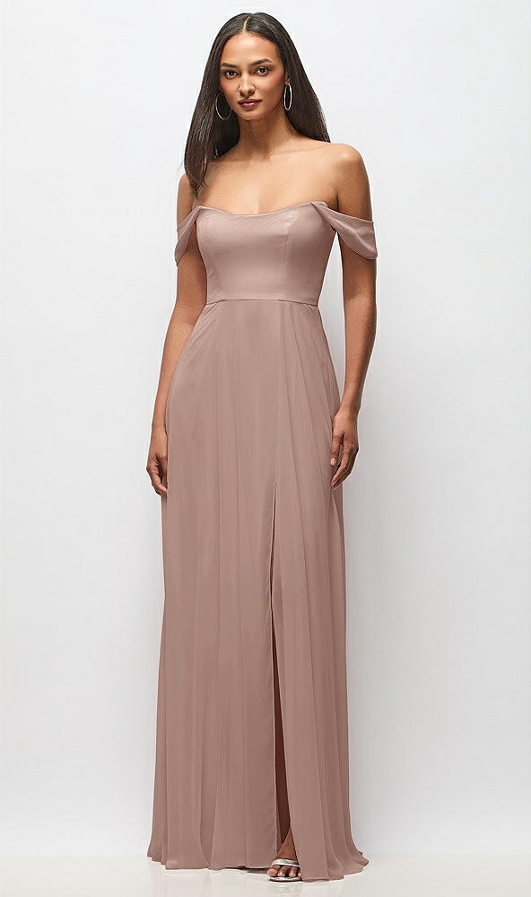 Front View - Neu Nude Off-the-Shoulder Basque Neck Maxi Dress with Flounce Sleeves