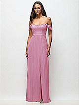 Front View Thumbnail - Powder Pink Off-the-Shoulder Basque Neck Maxi Dress with Flounce Sleeves