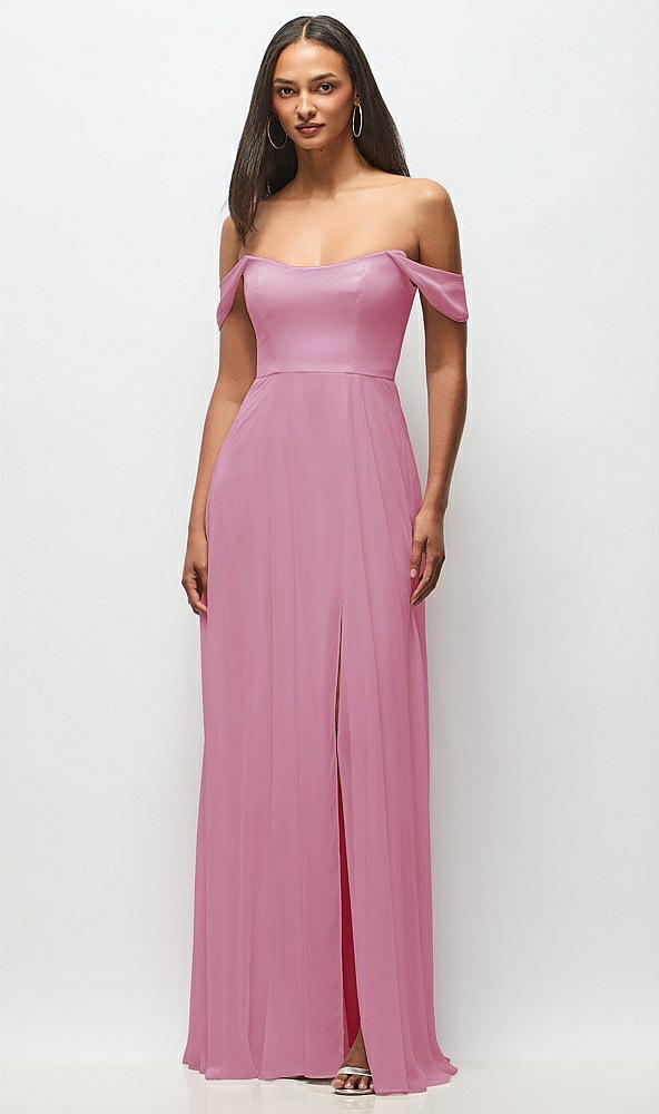 Front View - Powder Pink Off-the-Shoulder Basque Neck Maxi Dress with Flounce Sleeves