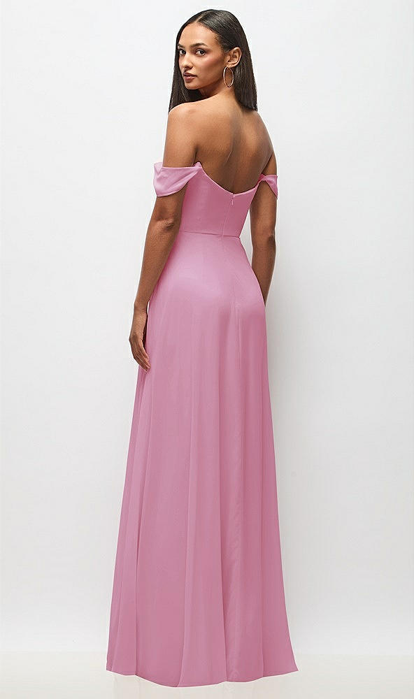 Back View - Powder Pink Off-the-Shoulder Basque Neck Maxi Dress with Flounce Sleeves