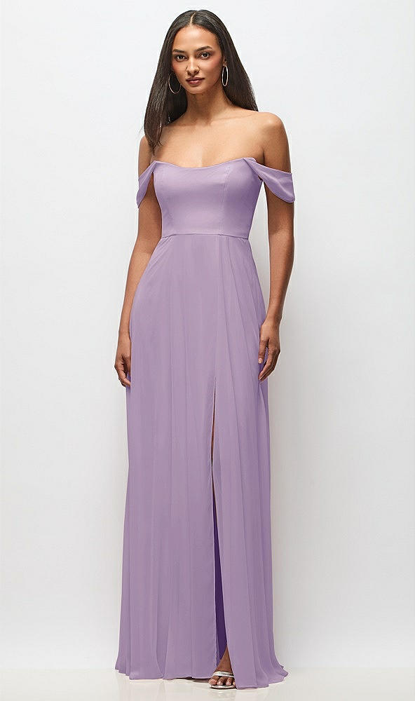 Front View - Pale Purple Off-the-Shoulder Basque Neck Maxi Dress with Flounce Sleeves