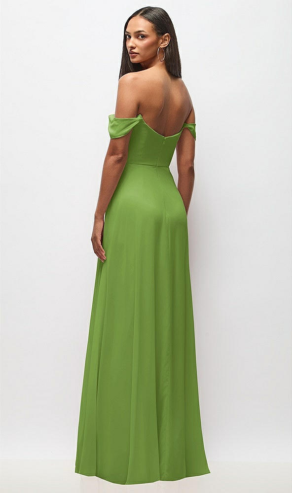 Back View - Peridot Green Off-the-Shoulder Basque Neck Maxi Dress with Flounce Sleeves