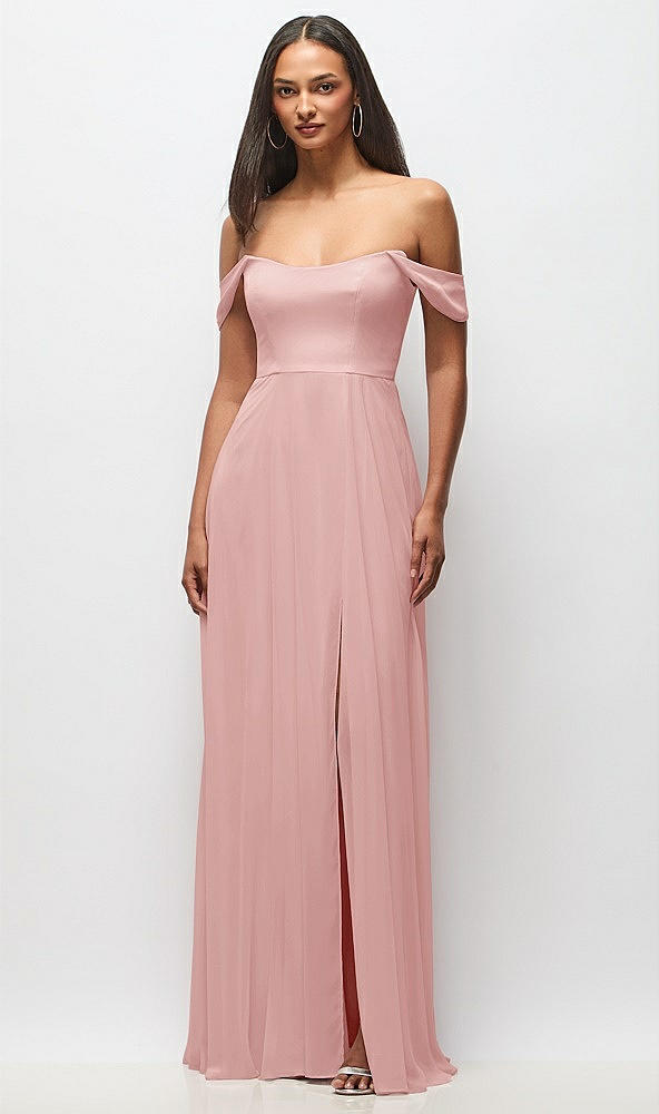 Front View - Rose Off-the-Shoulder Basque Neck Maxi Dress with Flounce Sleeves