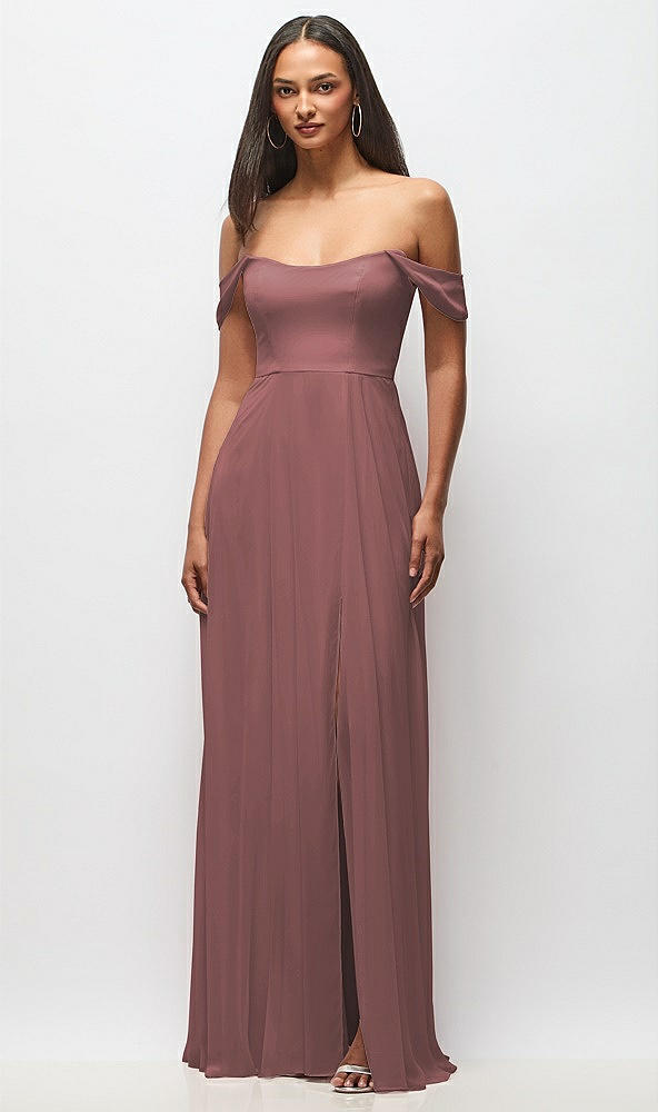 Front View - Rosewood Off-the-Shoulder Basque Neck Maxi Dress with Flounce Sleeves