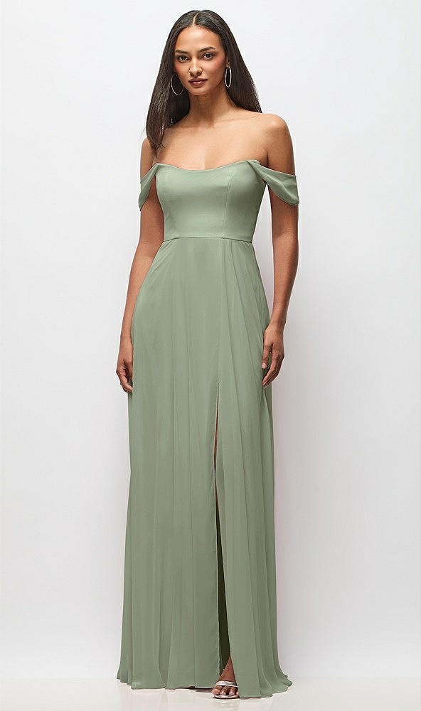 Front View - Sage Off-the-Shoulder Basque Neck Maxi Dress with Flounce Sleeves