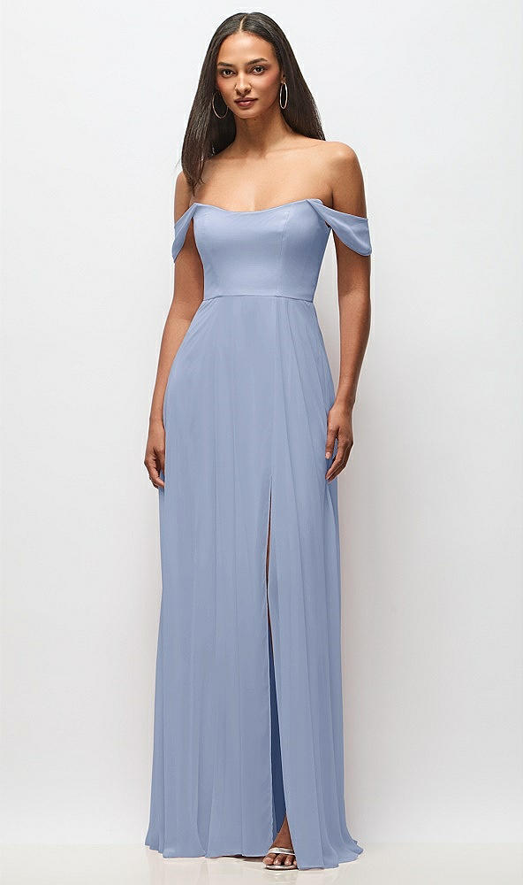 Front View - Sky Blue Off-the-Shoulder Basque Neck Maxi Dress with Flounce Sleeves