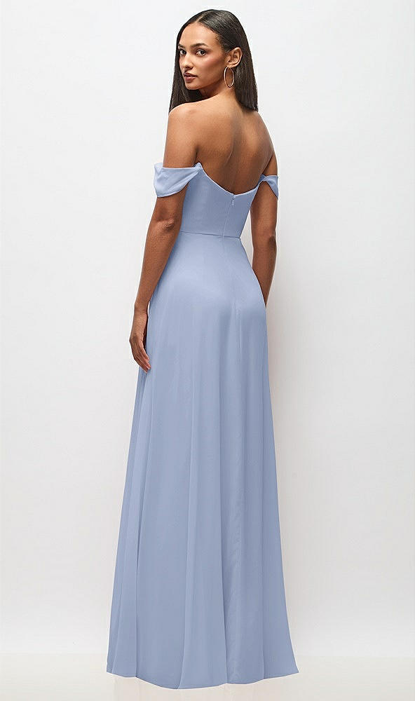 Back View - Sky Blue Off-the-Shoulder Basque Neck Maxi Dress with Flounce Sleeves