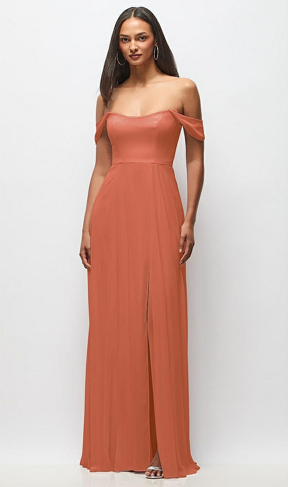 Front View - Terracotta Copper Off-the-Shoulder Basque Neck Maxi Dress with Flounce Sleeves