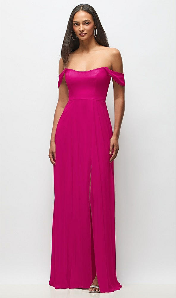 Front View - Think Pink Off-the-Shoulder Basque Neck Maxi Dress with Flounce Sleeves