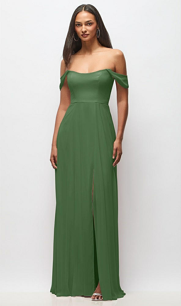 Front View - Vineyard Green Off-the-Shoulder Basque Neck Maxi Dress with Flounce Sleeves