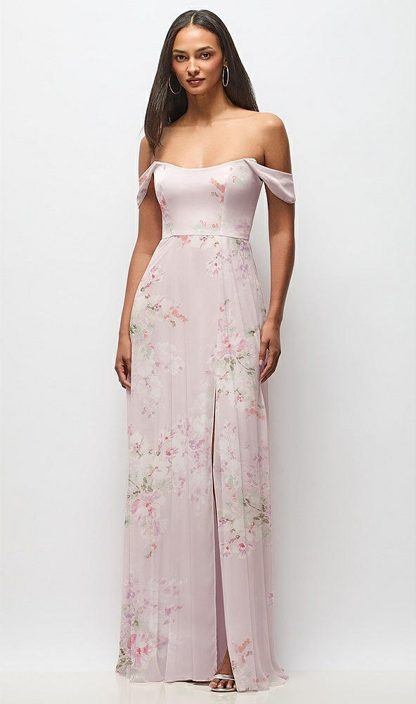 Front View - Watercolor Print Off-the-Shoulder Basque Neck Maxi Dress with Flounce Sleeves