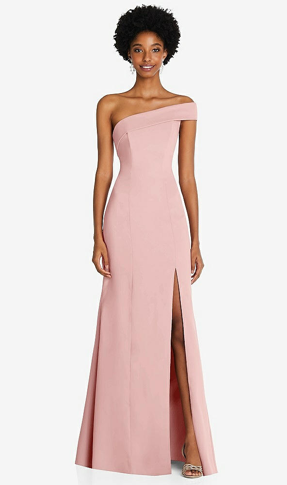 Front View - Rose Asymmetrical Off-the-Shoulder Cuff Trumpet Gown With Front Slit