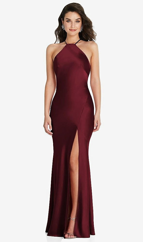 Front View - Cabernet Halter Convertible Strap Bias Slip Dress With Front Slit