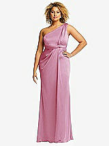 Front View Thumbnail - Powder Pink One-Shoulder Draped Twist Empire Waist Trumpet Gown