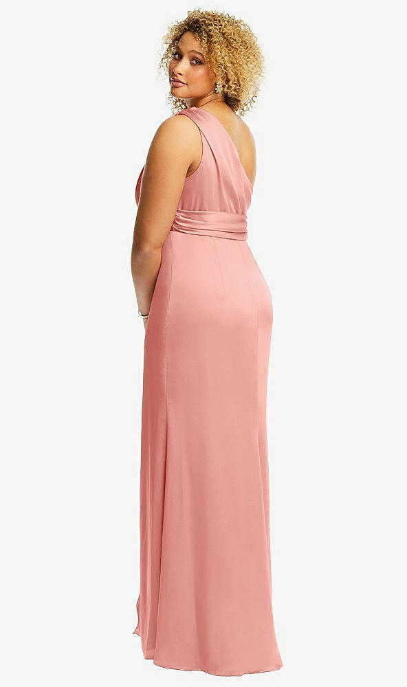 Back View - Rose One-Shoulder Draped Twist Empire Waist Trumpet Gown