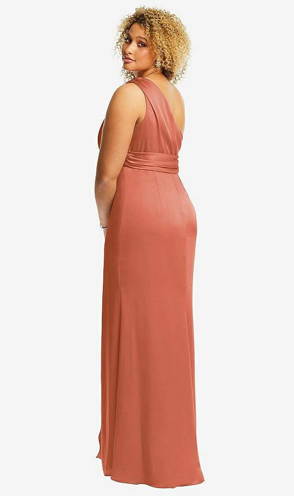 Back View - Terracotta Copper One-Shoulder Draped Twist Empire Waist Trumpet Gown