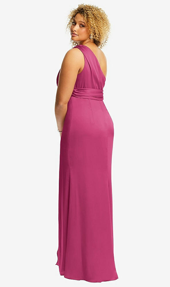Back View - Tea Rose One-Shoulder Draped Twist Empire Waist Trumpet Gown