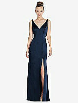 Rear View Thumbnail - Midnight Navy Draped Cowl-Back Princess Line Dress with Front Slit