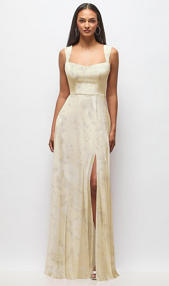 Front View - Butter Yellow Floral Contoured Wide Strap Sweetheart Maxi Dress