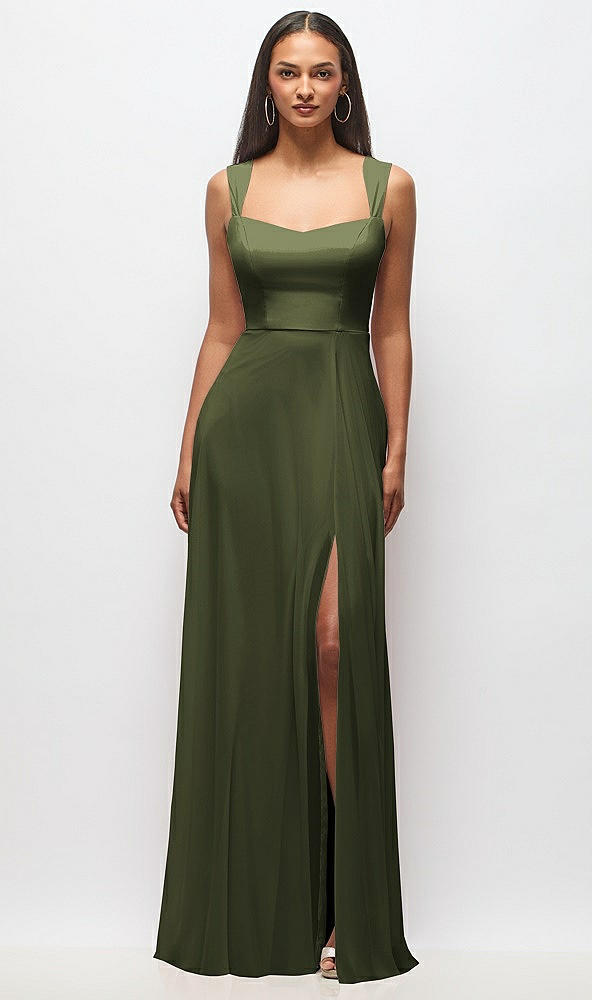 Front View - Olive Green Contoured Wide Strap Sweetheart Maxi Dress