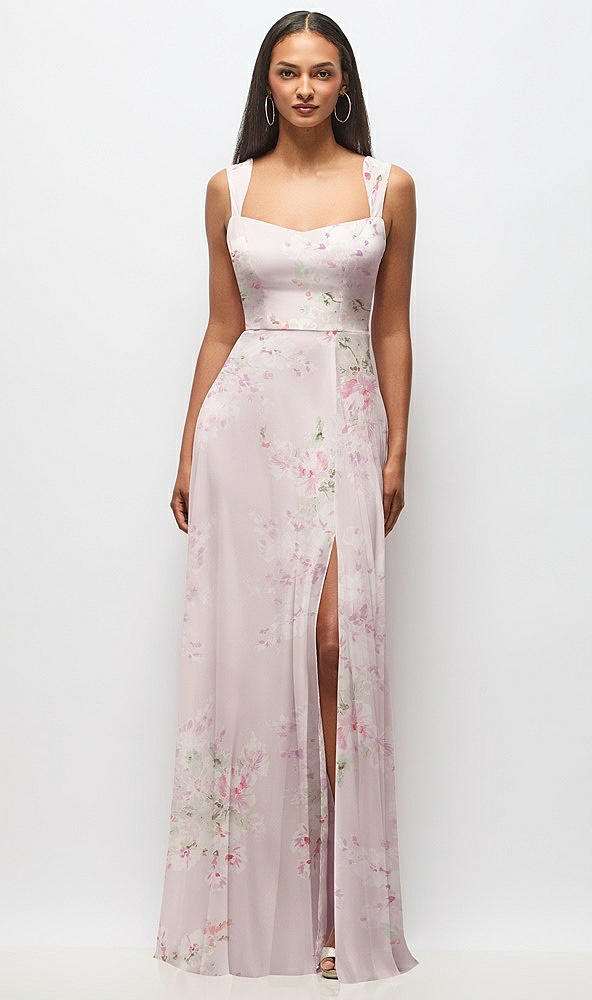 Front View - Watercolor Print Contoured Wide Strap Sweetheart Maxi Dress