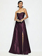 Alt View 1 Thumbnail - Deep Plum Bow Cuff Strapless Satin Ball Gown with Pockets