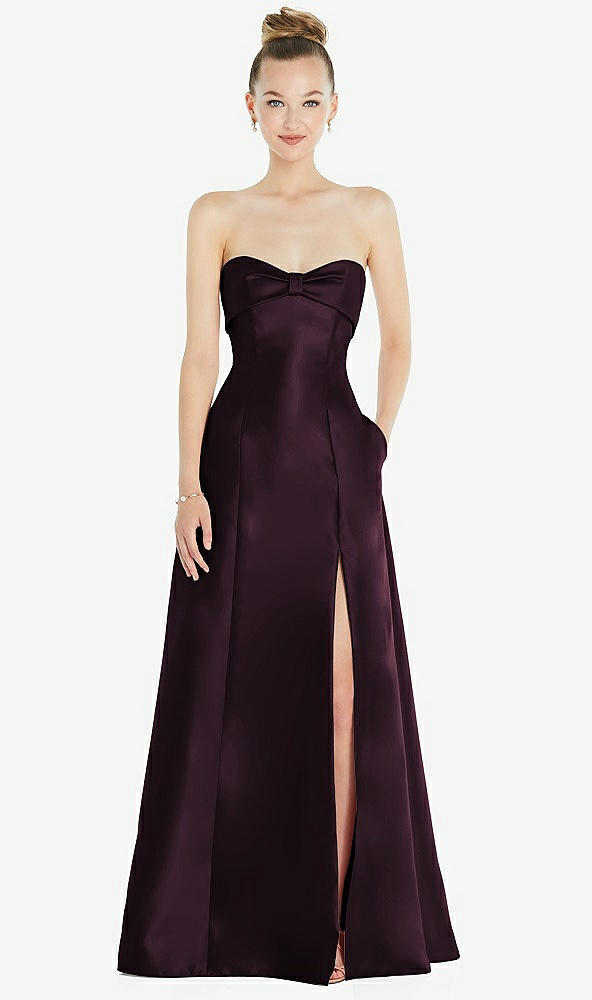 Front View - Deep Plum Bow Cuff Strapless Satin Ball Gown with Pockets