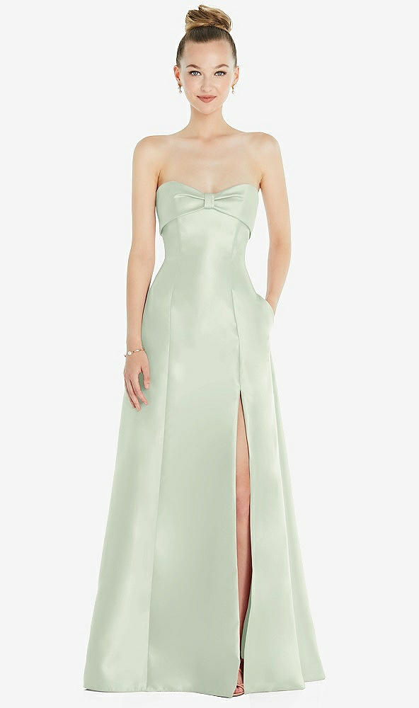 Front View - Mint Green Bow Cuff Strapless Satin Ball Gown with Pockets