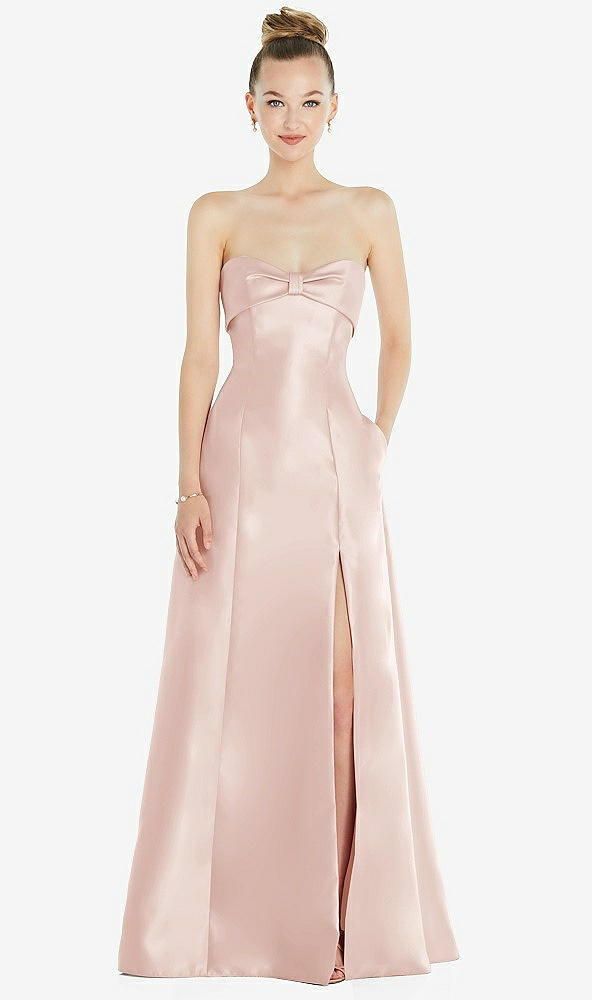 Front View - Blush Bow Cuff Strapless Satin Ball Gown with Pockets