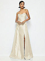 Alt View 1 Thumbnail - Champagne Bow Cuff Strapless Satin Ball Gown with Pockets