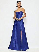 Alt View 1 Thumbnail - Cobalt Blue Bow Cuff Strapless Satin Ball Gown with Pockets