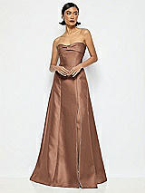 Alt View 1 Thumbnail - Cognac Bow Cuff Strapless Satin Ball Gown with Pockets