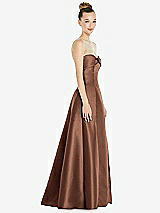 Side View Thumbnail - Cognac Bow Cuff Strapless Satin Ball Gown with Pockets