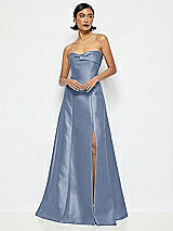 Alt View 1 Thumbnail - Larkspur Blue Bow Cuff Strapless Satin Ball Gown with Pockets