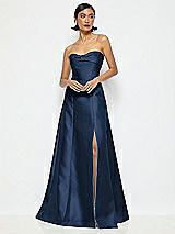 Alt View 1 Thumbnail - Midnight Navy Bow Cuff Strapless Satin Ball Gown with Pockets
