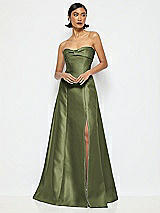 Alt View 1 Thumbnail - Olive Green Bow Cuff Strapless Satin Ball Gown with Pockets