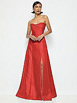 Alt View 1 Thumbnail - Poppy Red Bow Cuff Strapless Satin Ball Gown with Pockets