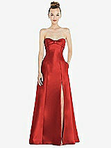 Front View Thumbnail - Poppy Red Bow Cuff Strapless Satin Ball Gown with Pockets