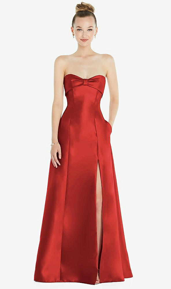 Front View - Poppy Red Bow Cuff Strapless Satin Ball Gown with Pockets