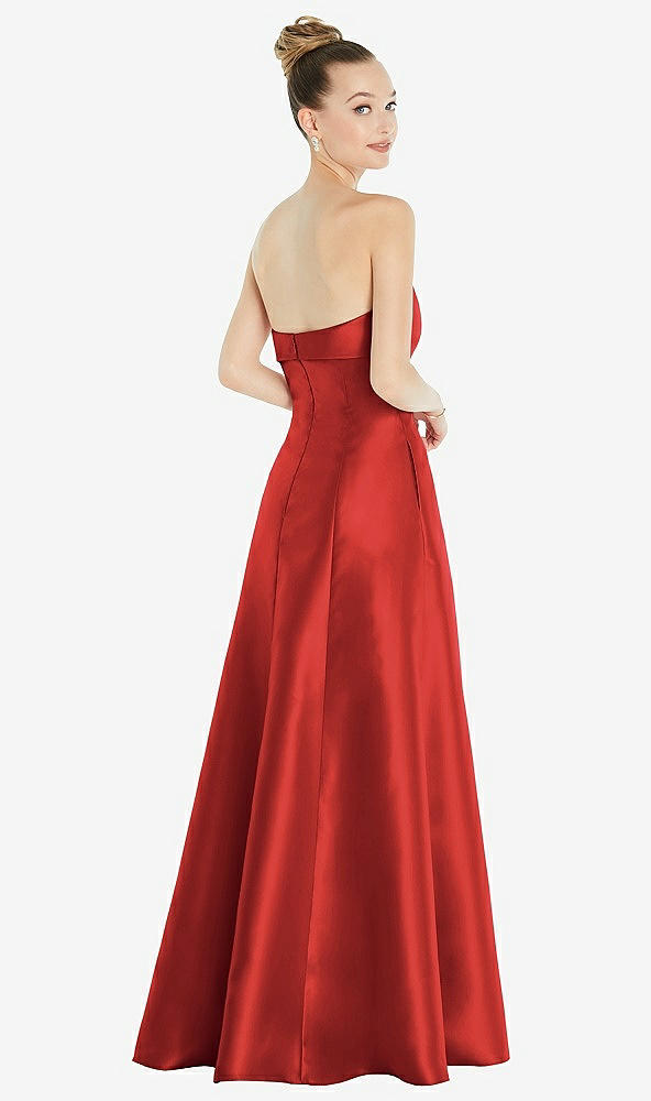 Back View - Poppy Red Bow Cuff Strapless Satin Ball Gown with Pockets