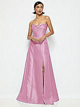 Alt View 1 Thumbnail - Powder Pink Bow Cuff Strapless Satin Ball Gown with Pockets