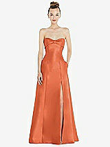 Front View Thumbnail - Portofino Orange Bow Cuff Strapless Satin Ball Gown with Pockets