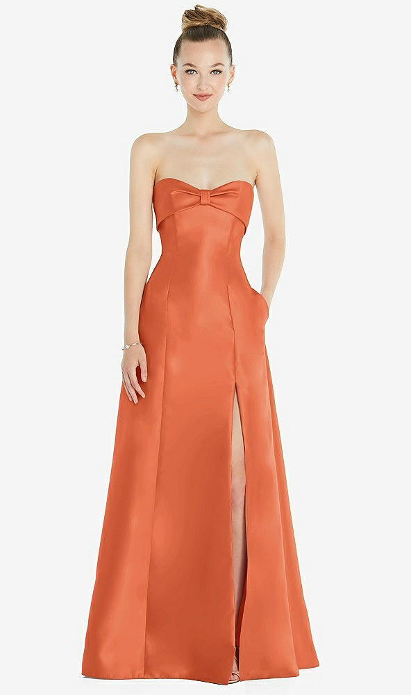 Front View - Portofino Orange Bow Cuff Strapless Satin Ball Gown with Pockets
