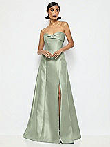 Alt View 1 Thumbnail - Sage Bow Cuff Strapless Satin Ball Gown with Pockets