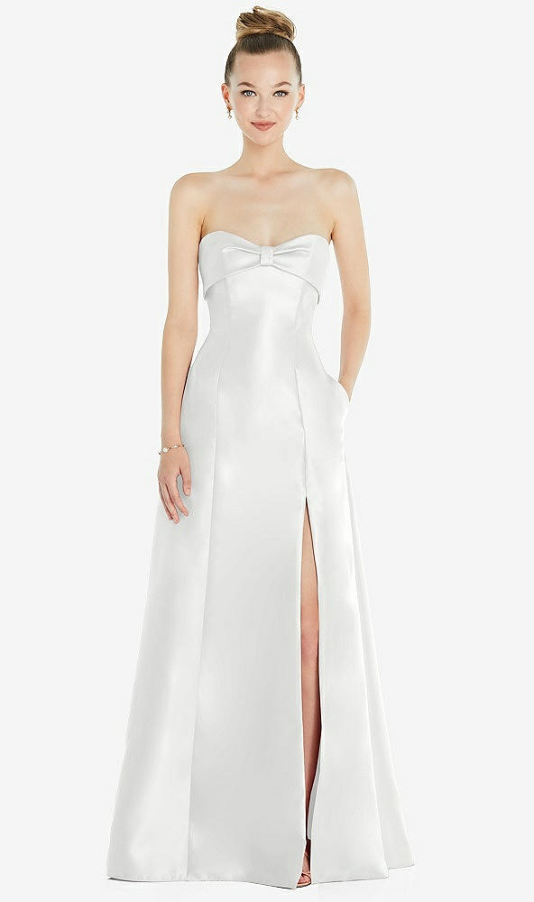 Front View - White Bow Cuff Strapless Satin Ball Gown with Pockets