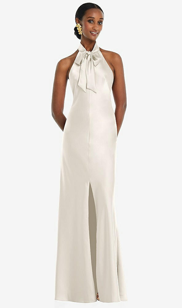 Front View - Ivory Scarf Tie Stand Collar Maxi Dress with Front Slit