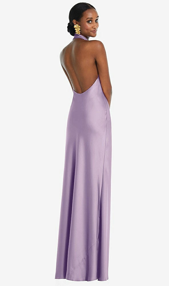 Back View - Pale Purple Scarf Tie Stand Collar Maxi Dress with Front Slit