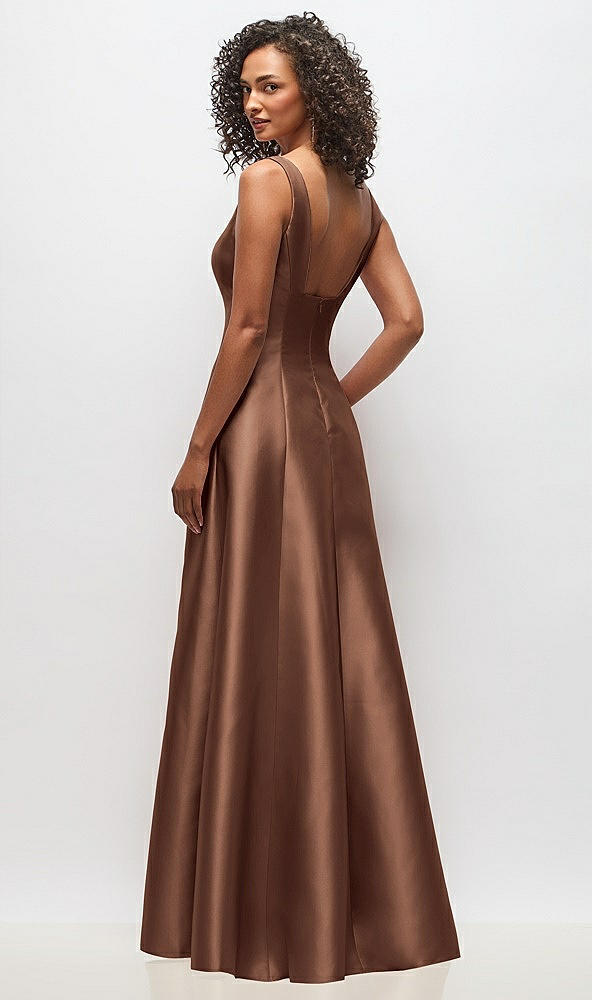 Back View - Cognac Sleeveless Square-Neck Princess Line Gown with Pockets