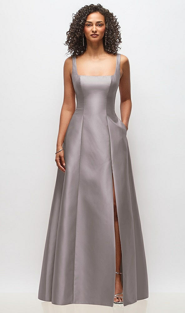 Front View - Cashmere Gray Sleeveless Square-Neck Princess Line Gown with Pockets