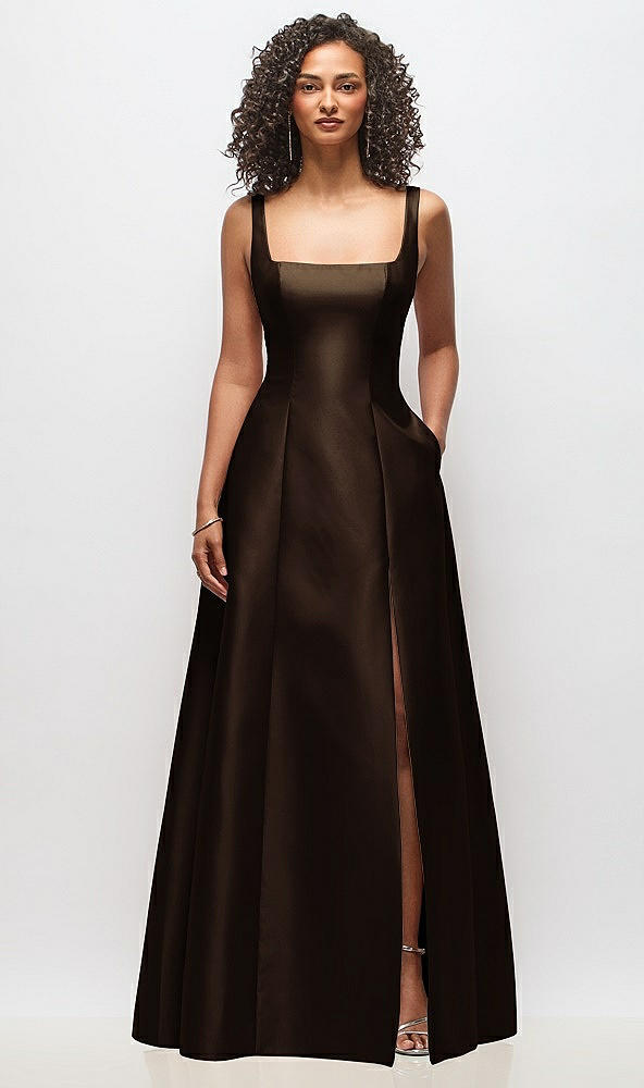 Front View - Espresso Sleeveless Square-Neck Princess Line Gown with Pockets